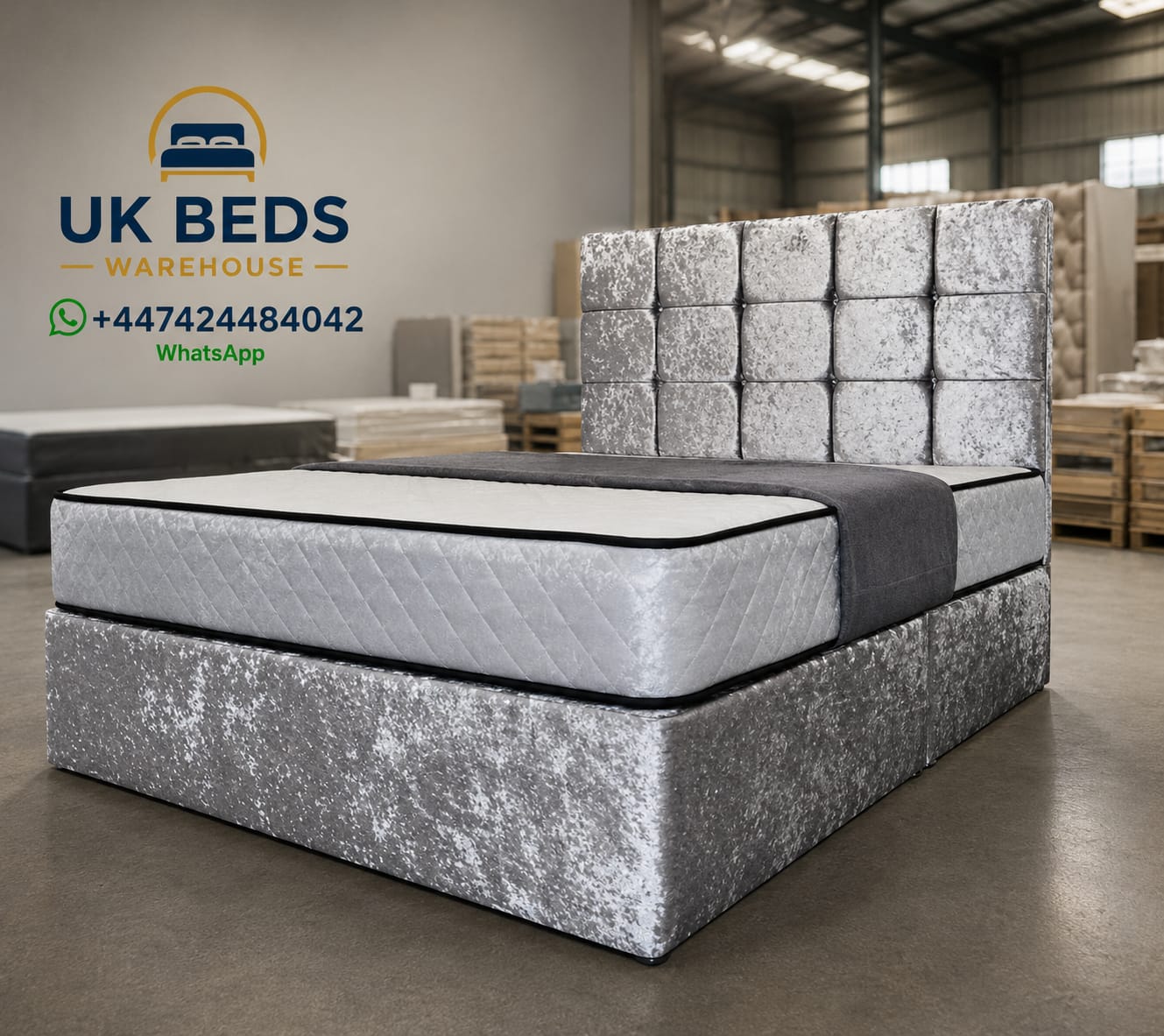 Divan bed in grey crush velvet color 