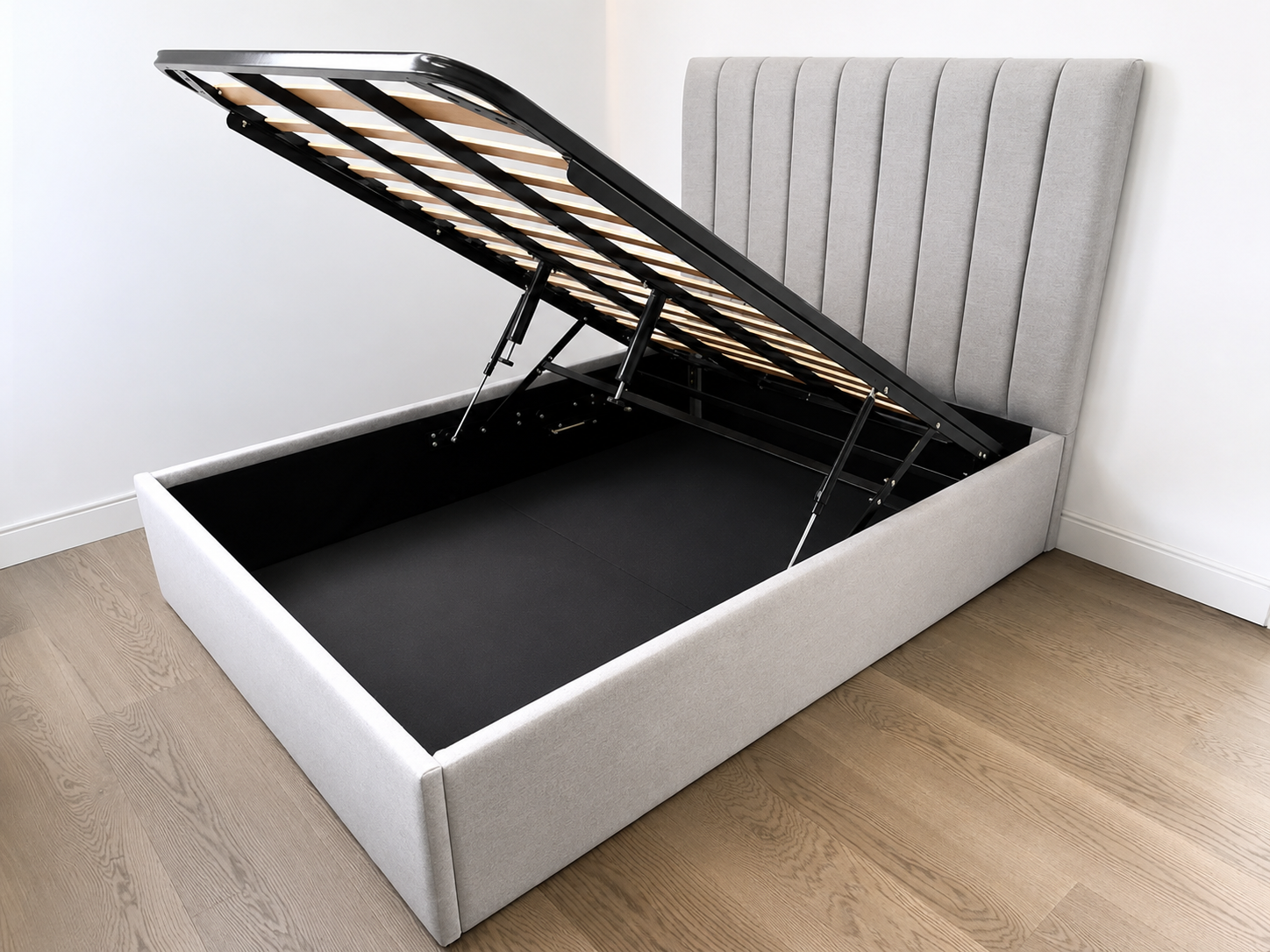 Ottoman lift up storage bed with penel line headboard 