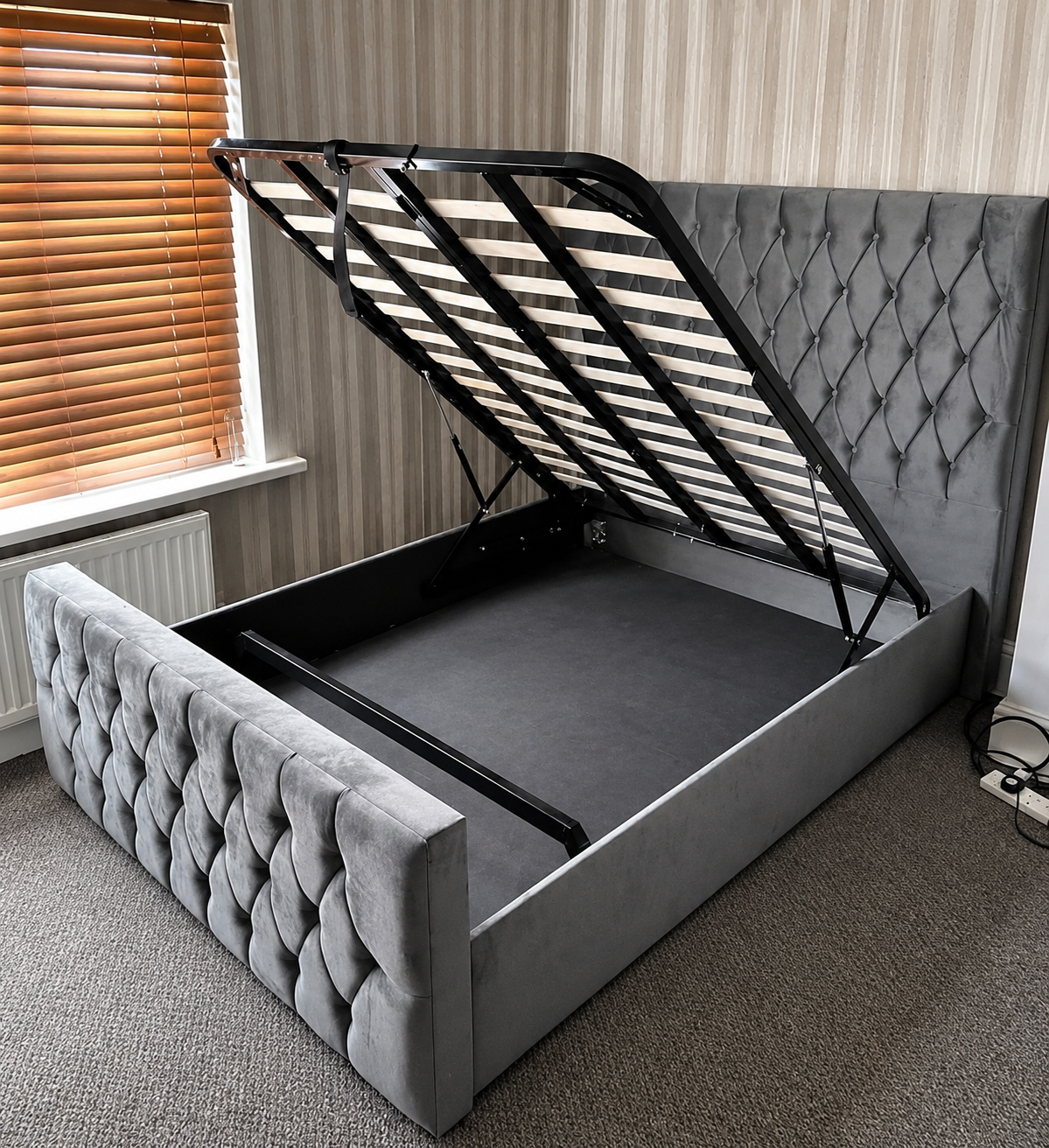 Ottoman gas lift up storage bed in Grey plush velvet colour 