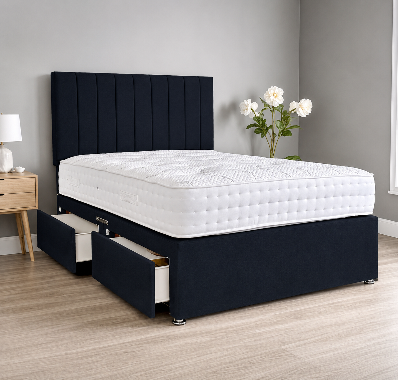 Divan Bed in Black crush velvet color with penel line headboard 