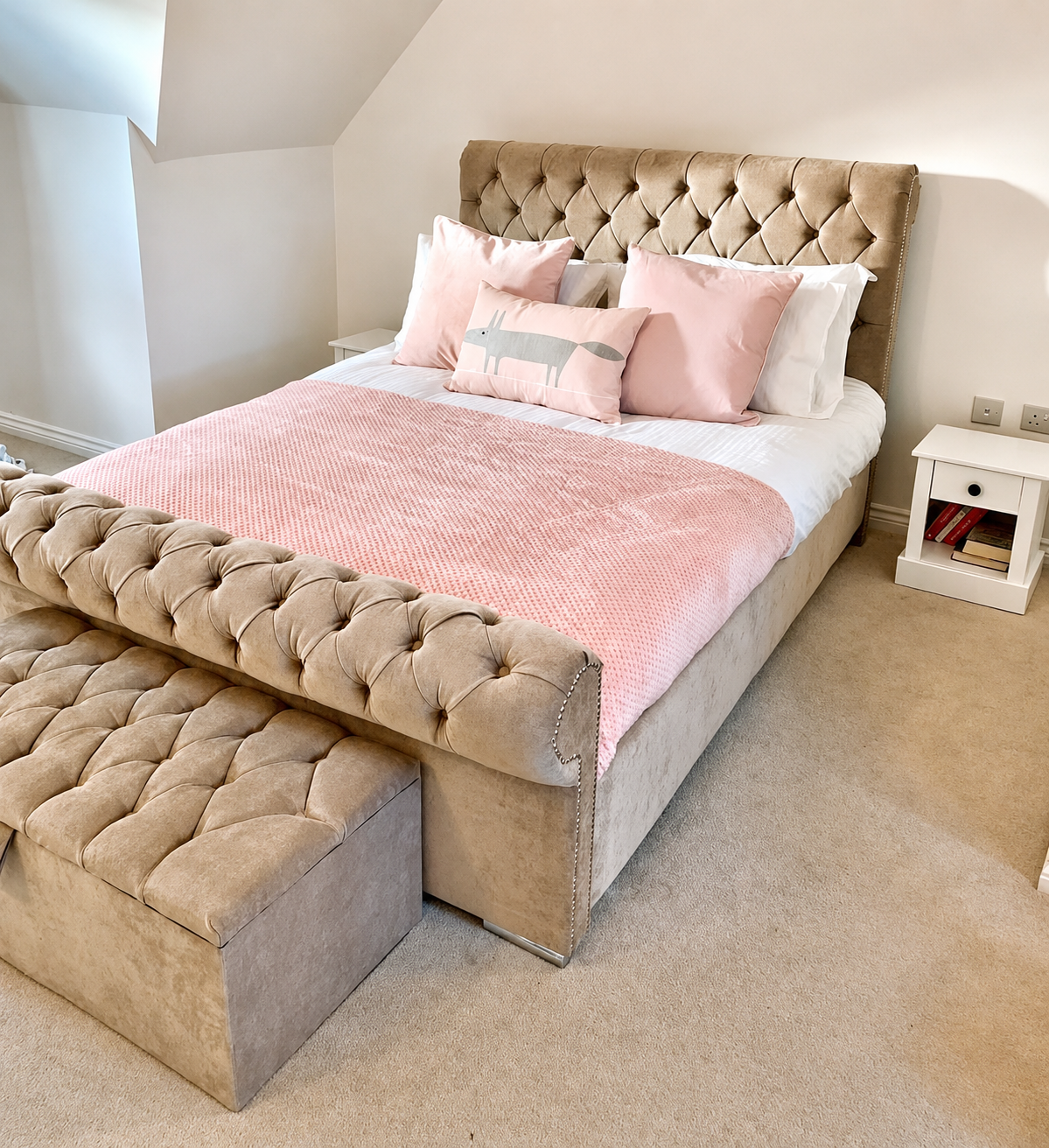 Sleigh bed in Beige plush velvet colour 