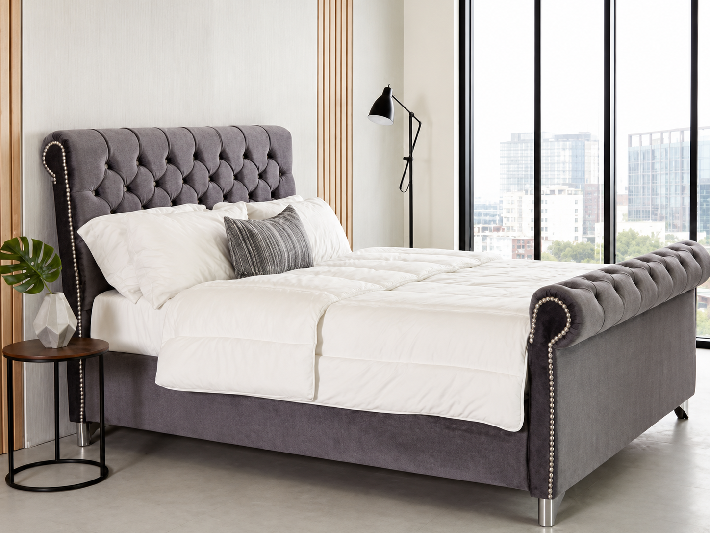 Sleigh bed in steel plush velvet colour 