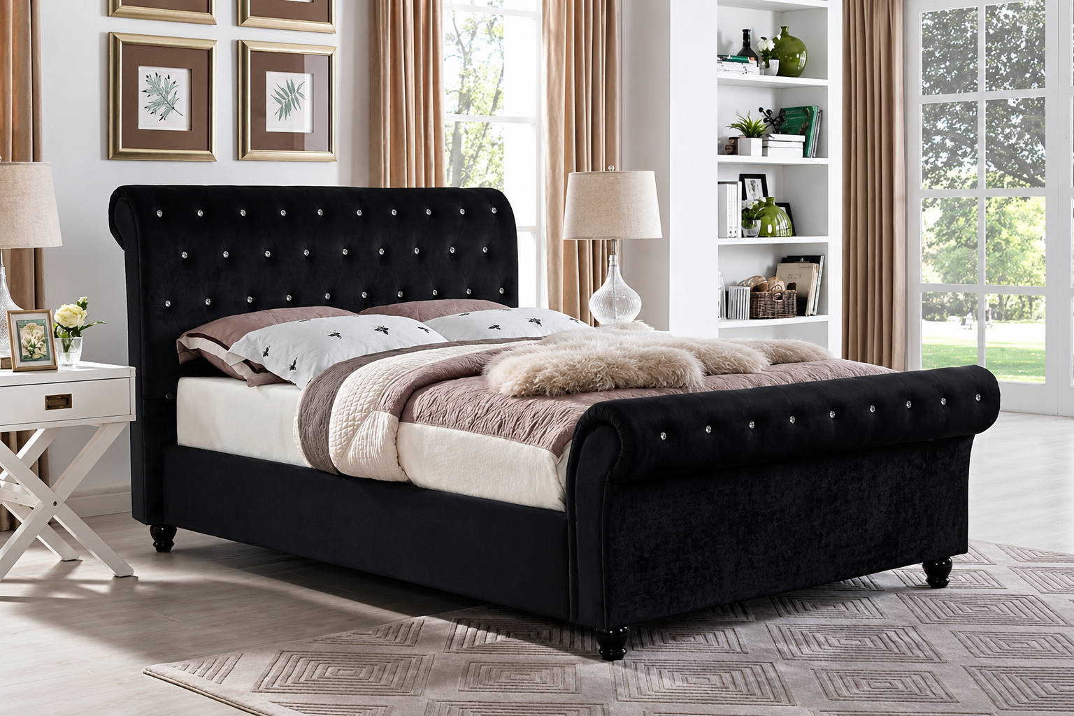 Sleigh Bed Black Crush Velvet UK