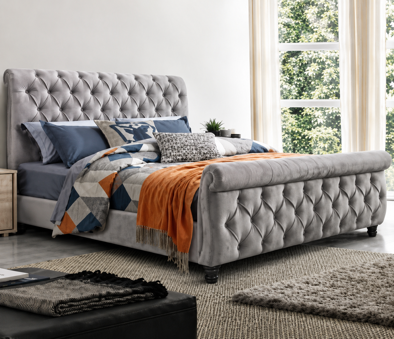 Sleigh bed in Grey plush velvet colour 