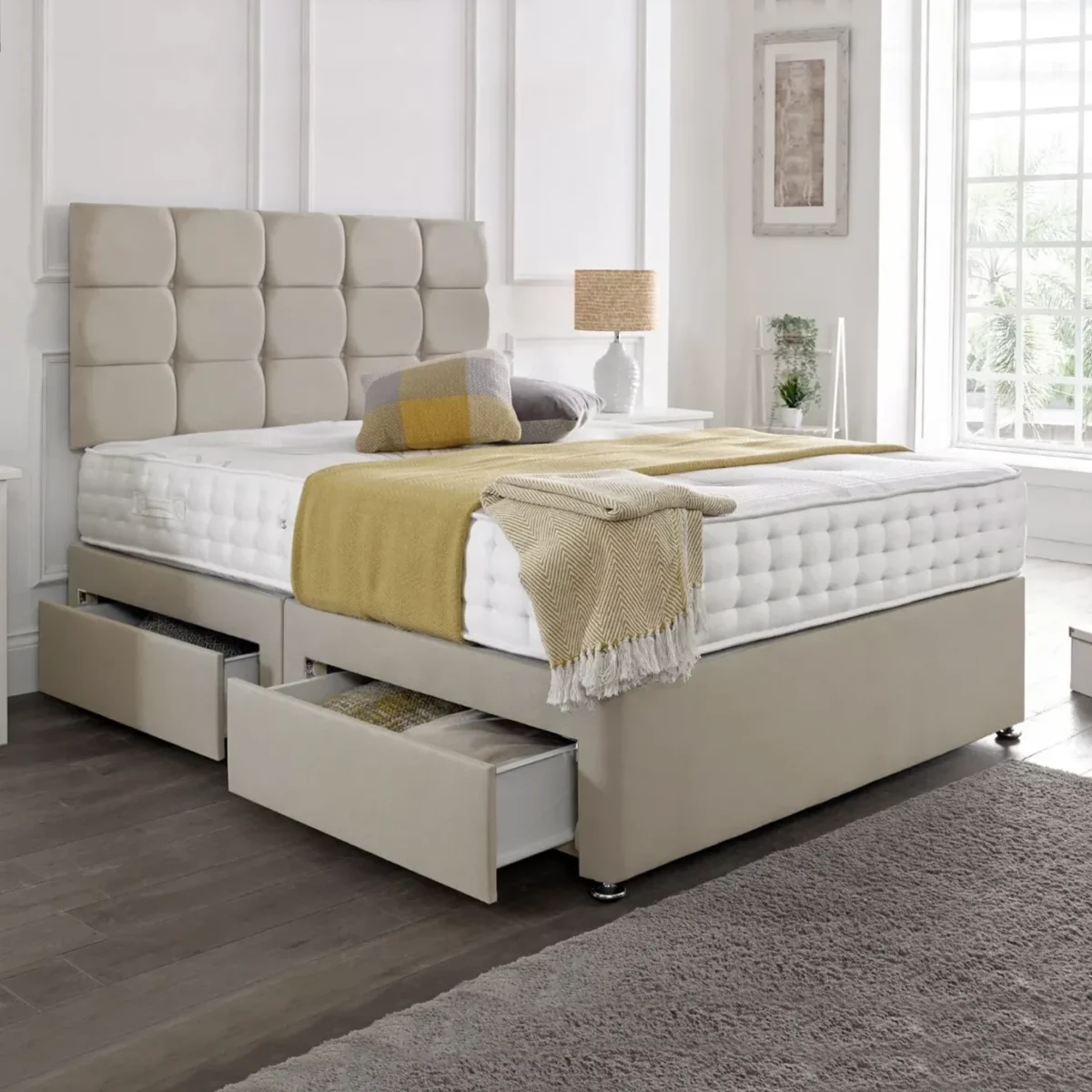 Small Double Divan Bed Set with Diamond Studded Cube Headboard | UK Beds Warehouse