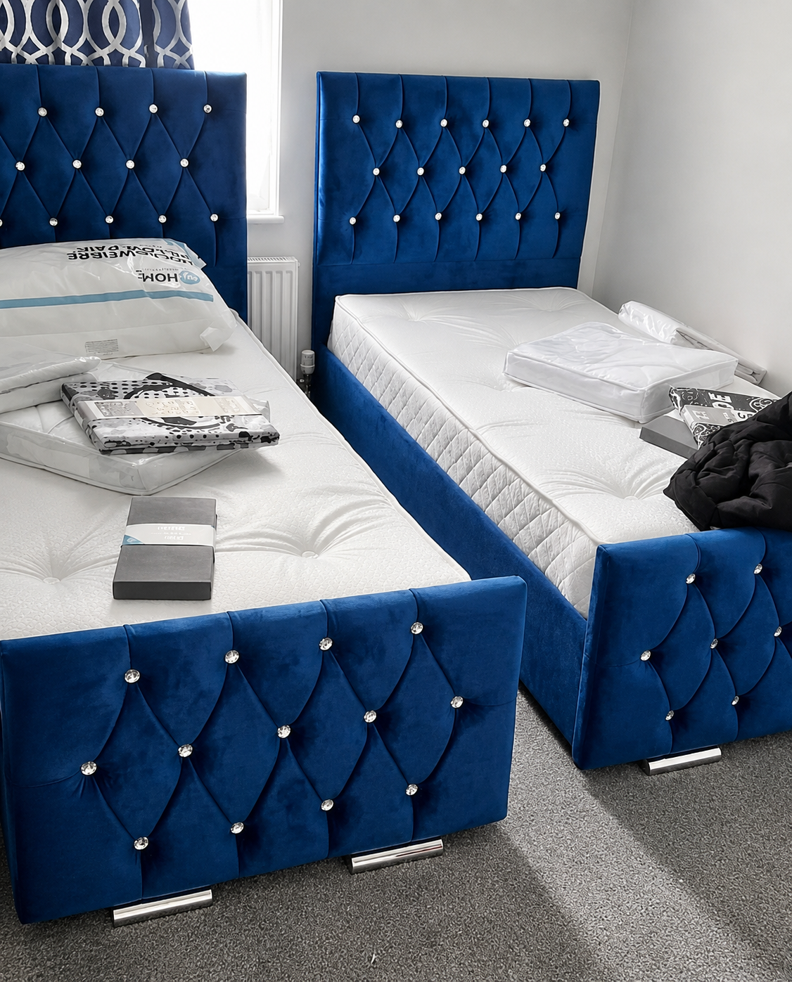 Florida beds in Saphire Plush velvet colour with diamonds headboard 