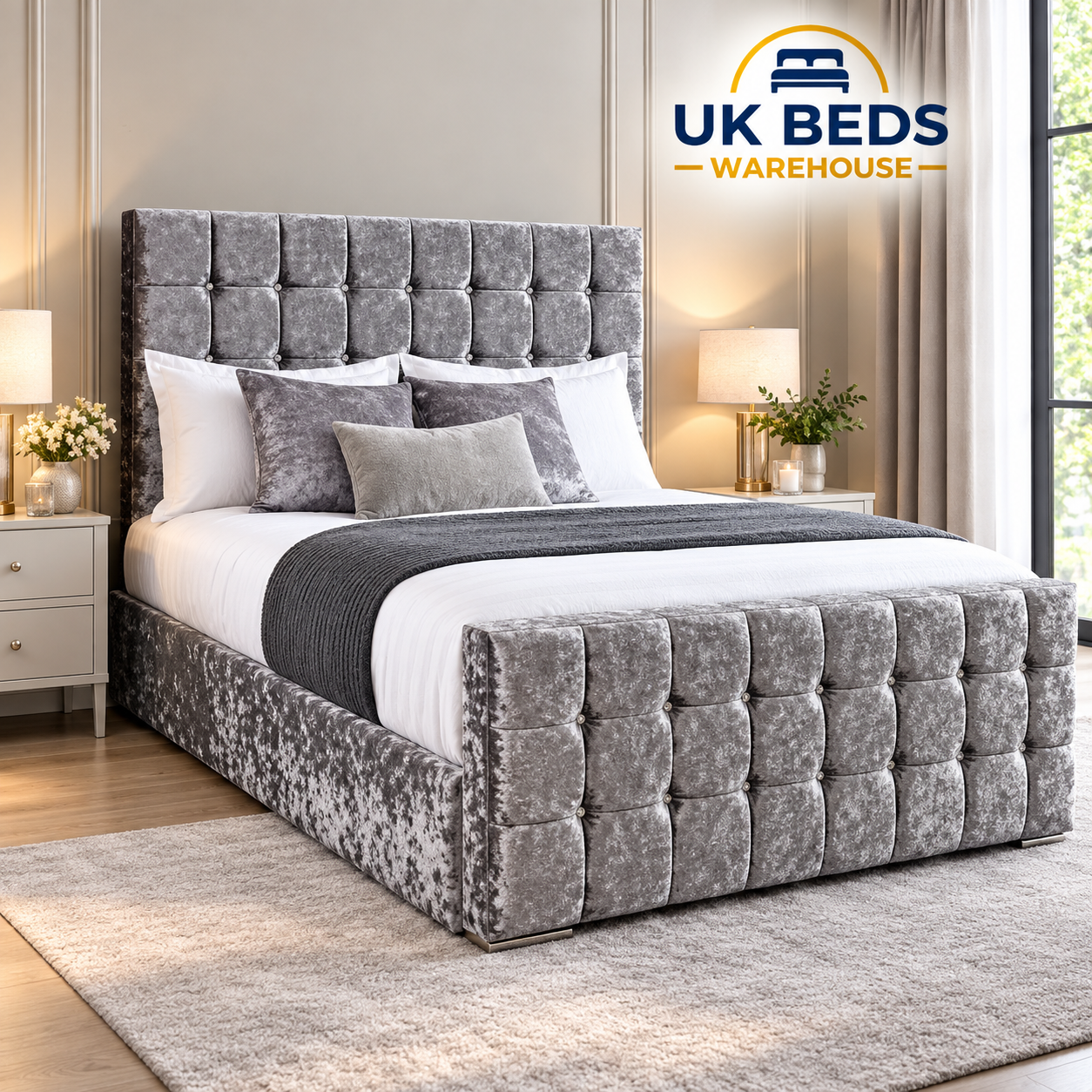 Cubed bed in Grey crush velvet color | Brand New Single, Double, King, Super king size available 
