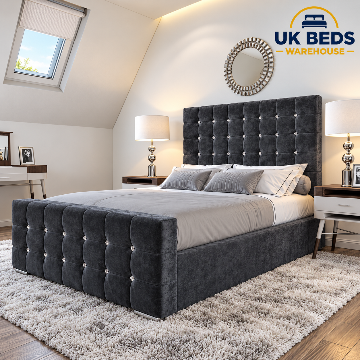 Cubed bed with diamonds headboard and mattress, A brand new available in all sizes 