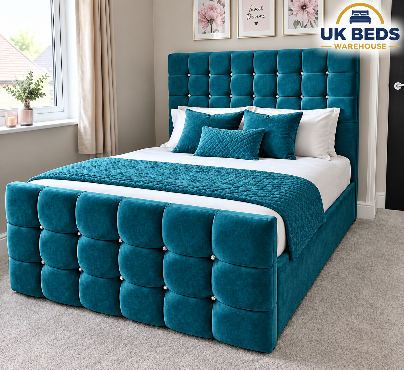 Cubed bed in teal plush velvet colour, Free home delivery, Cash on delivery 