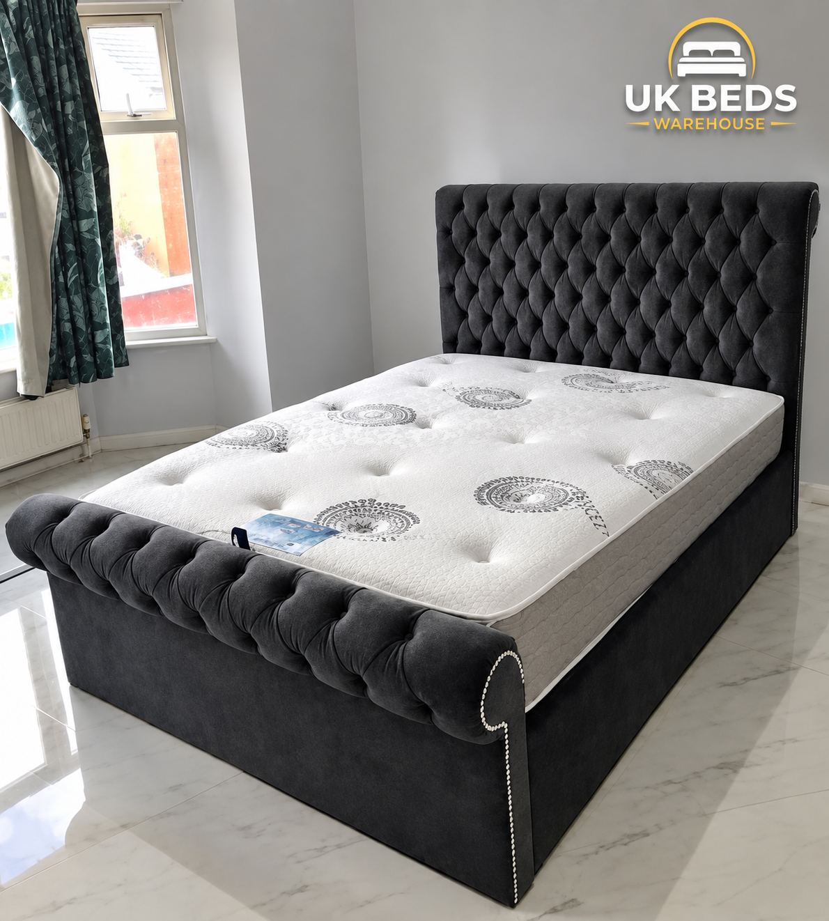 Sleigh bed in black plush velvet | UK Beds Warehouse