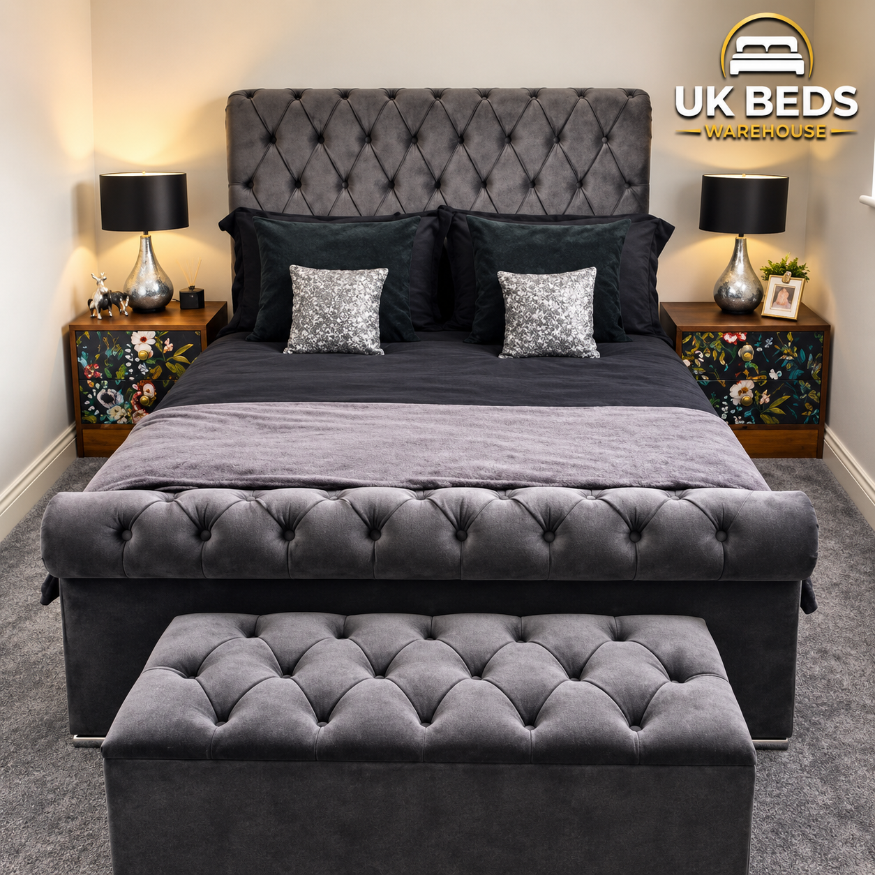 Sleigh bed in Dark Grey plush velvet Colour | UK Beds Warehouse
