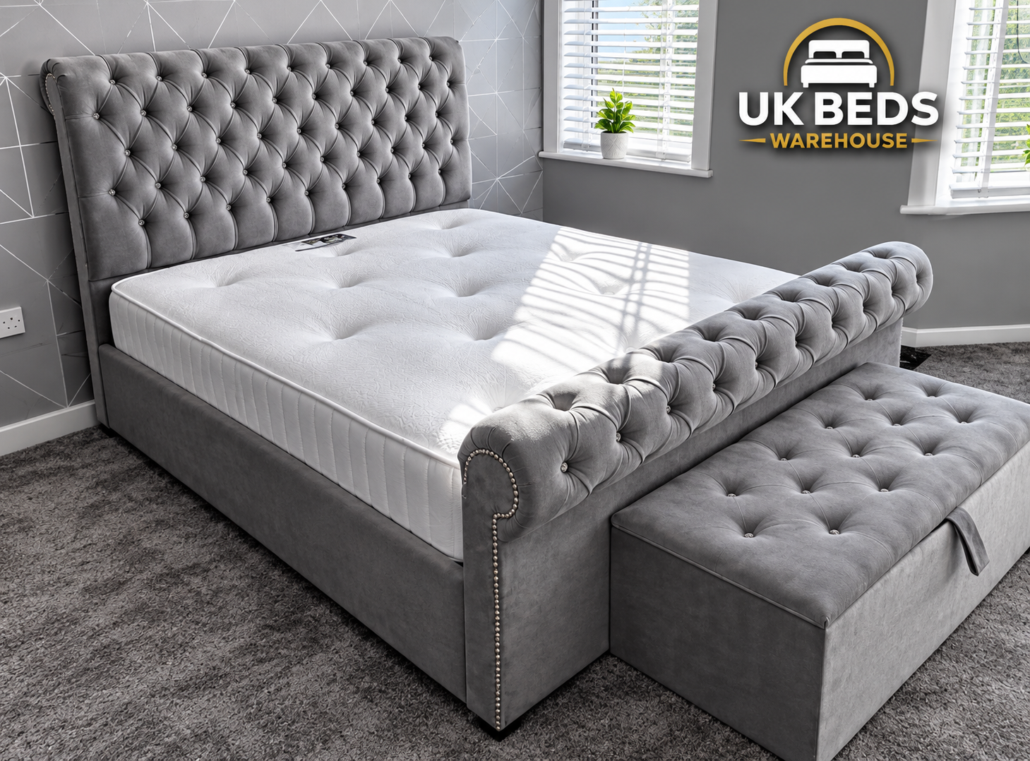Silver  plush Velvet Sleigh Bed | UK Beds Warehouse