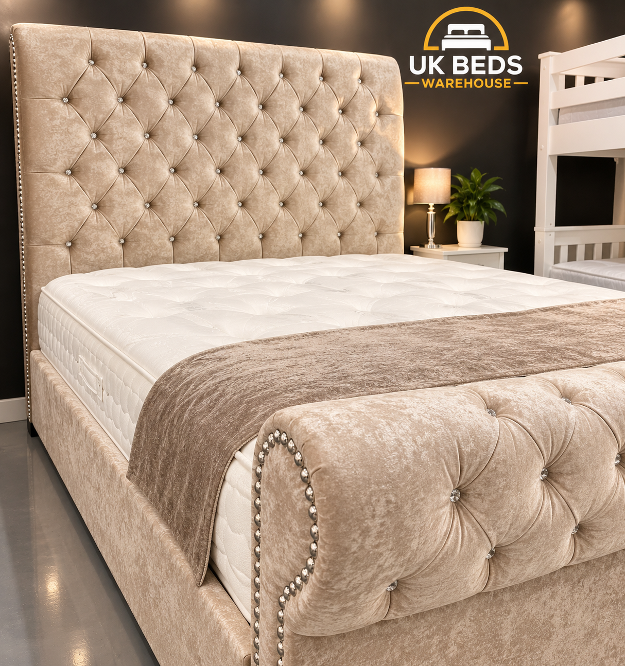 Cream Crush Velvet Sleigh Bed | Brand New 50% OFF Sale | UK Beds Warehouse