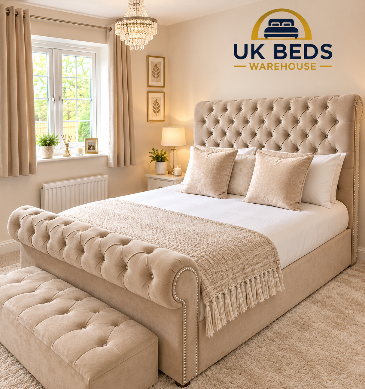 Sleigh Bed Luxury Furniture - Beige Plush Velvet Sleight Bed
