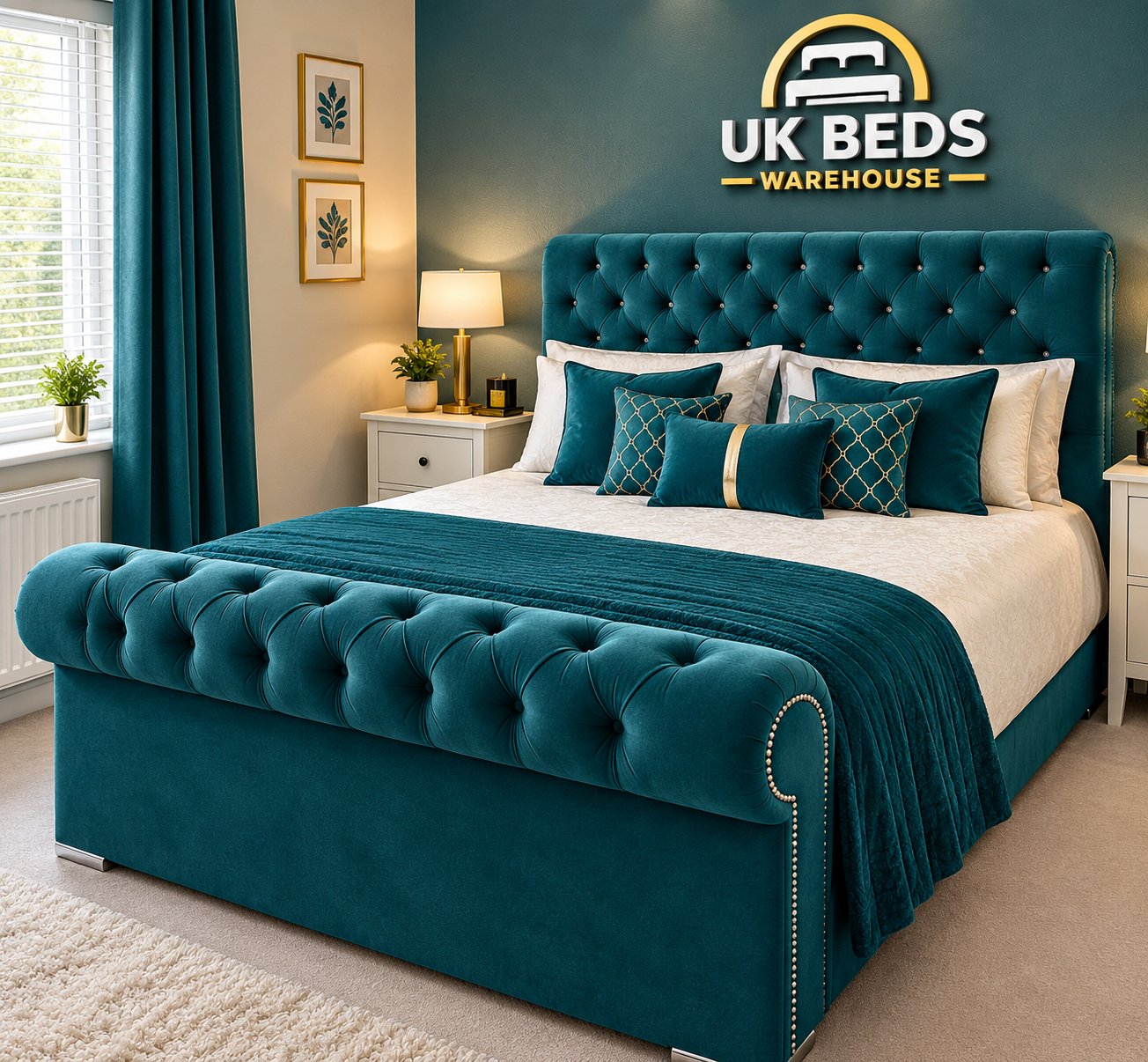 Teal Plush Velvet Sleigh Bed Frame | Luxury Upholstered King Size