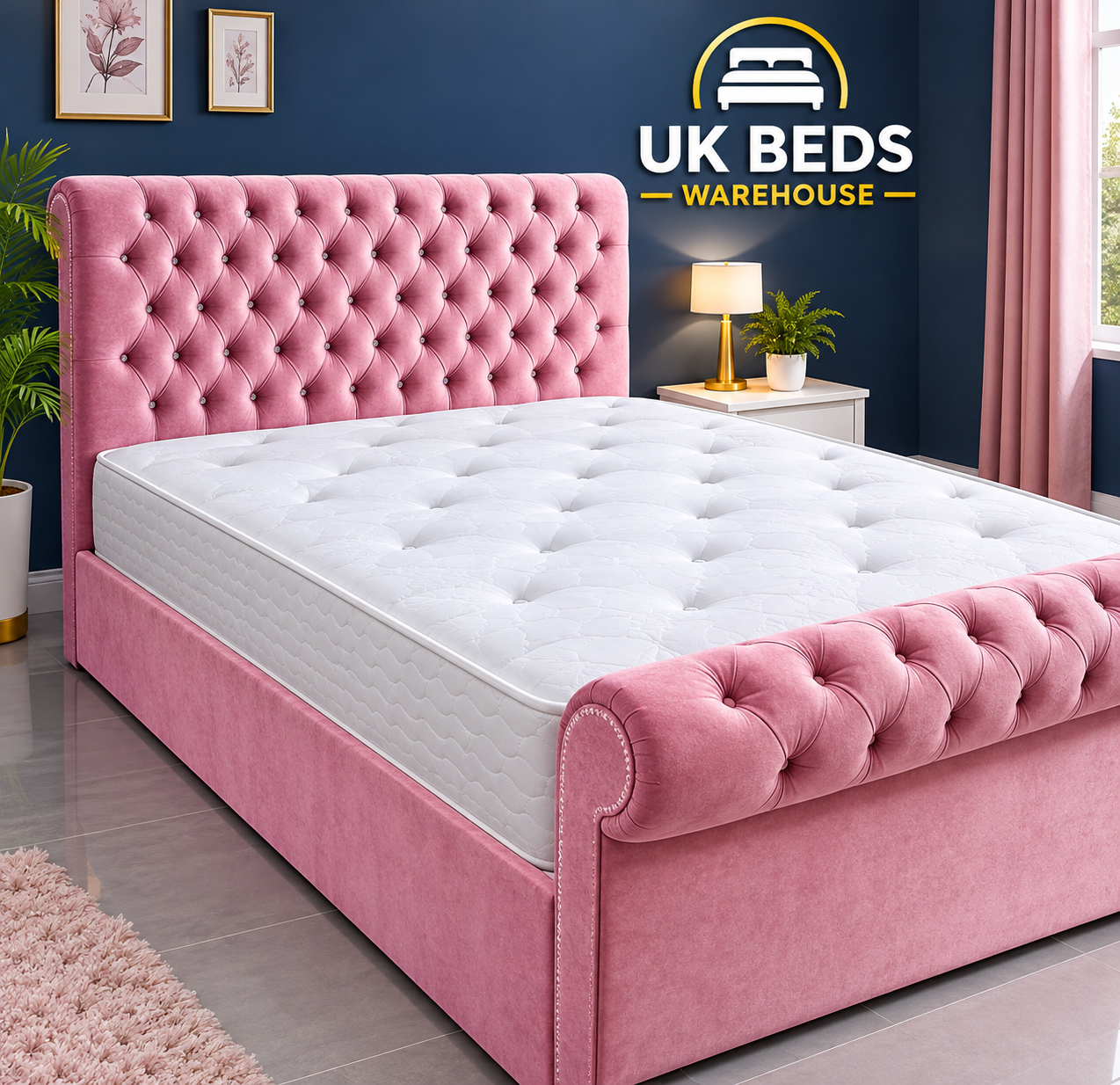 Sleigh bed in pink plush Colour | UK Beds Warehouse