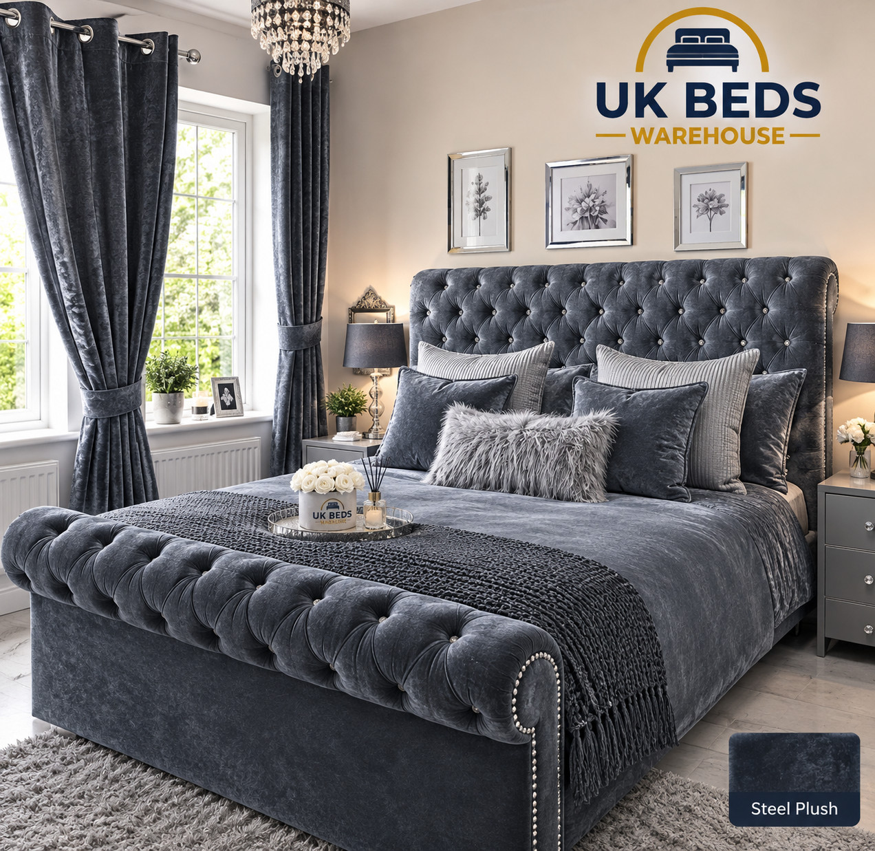 Black Plush Velvet Sleigh Bed | Free UK Delivery & Cash on Delivery