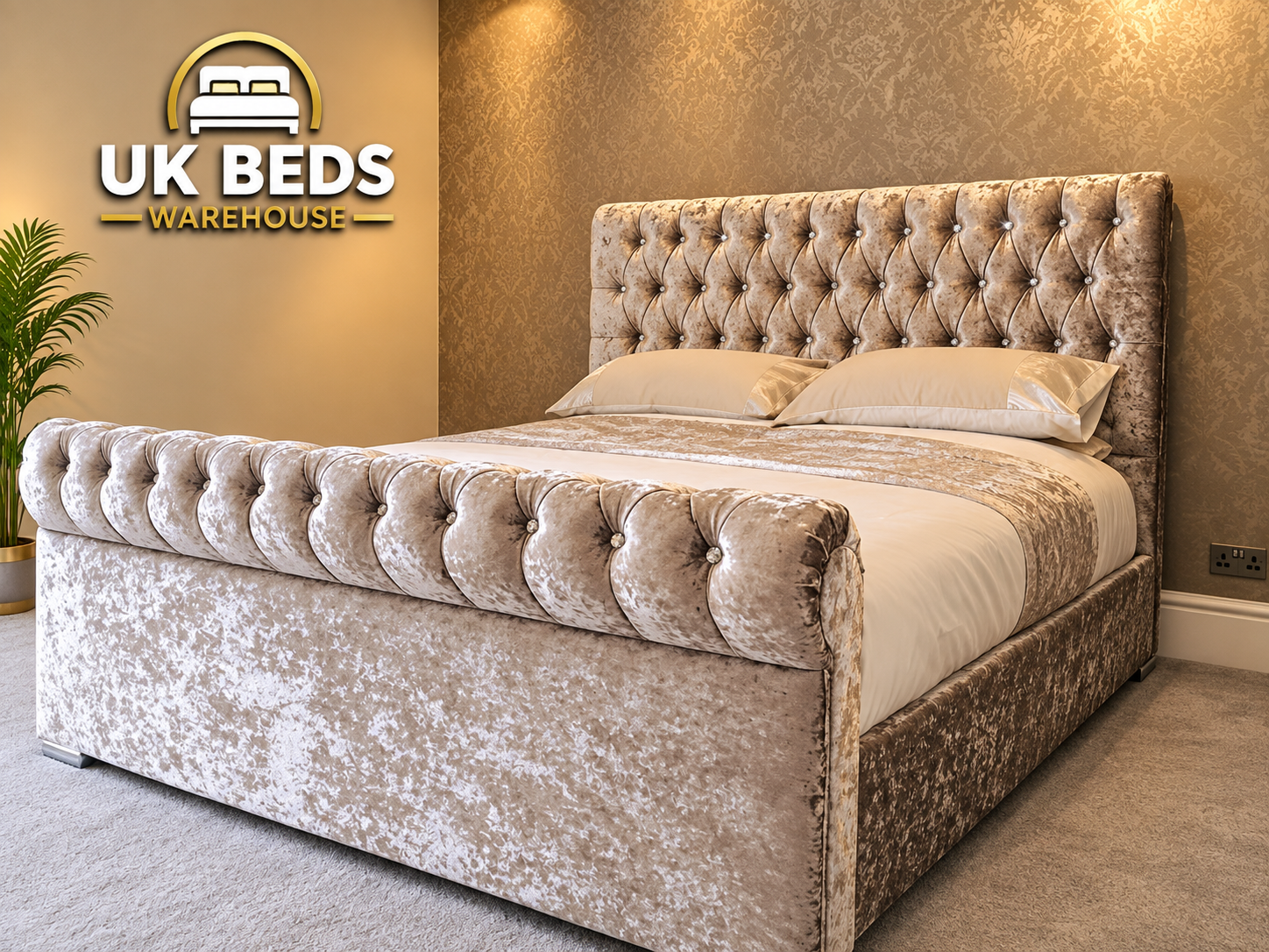 Sleigh Bed in Grey Crush Velvet - Free Home Delivery & Cash on Delivery