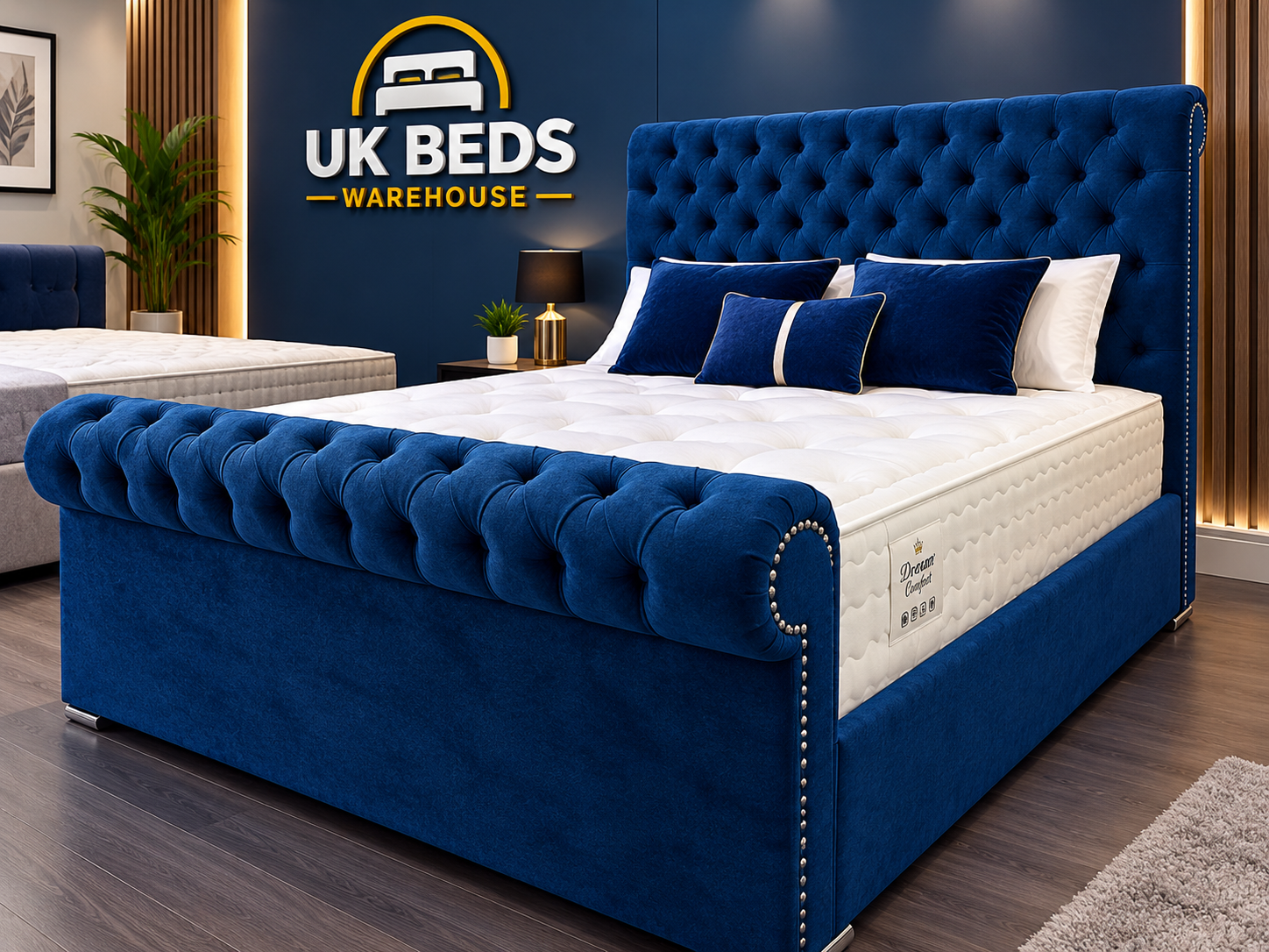 Blue Plush Sleigh Bed | Modern Design, Free UK Delivery