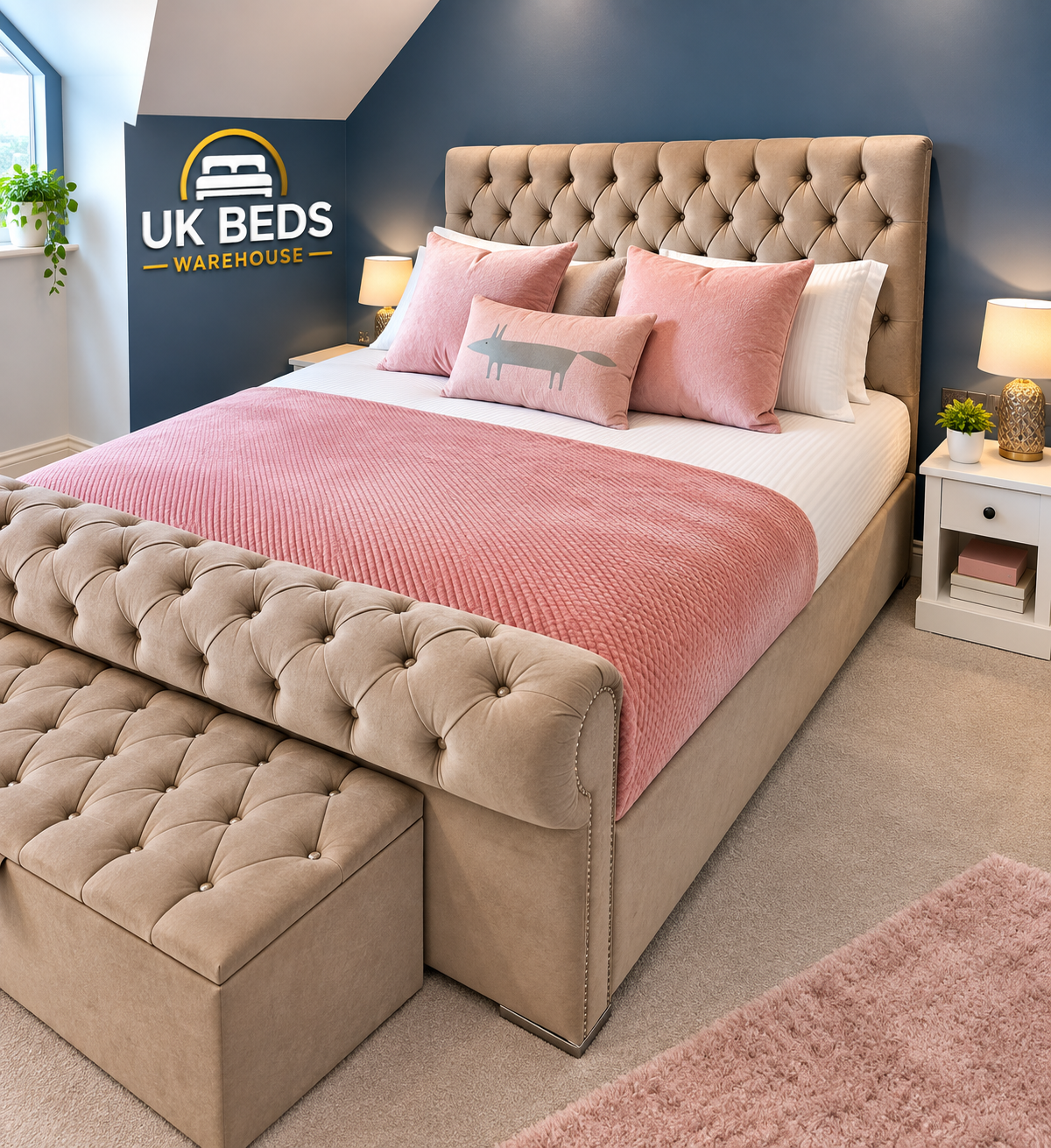 Sleigh Bed in Beige Plush Colour - Elegant Upholstered Design