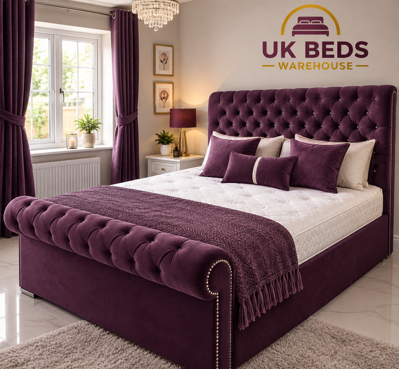 Sleigh bed in maroon plush velvet colour - luxurious bedroom centerpiece
